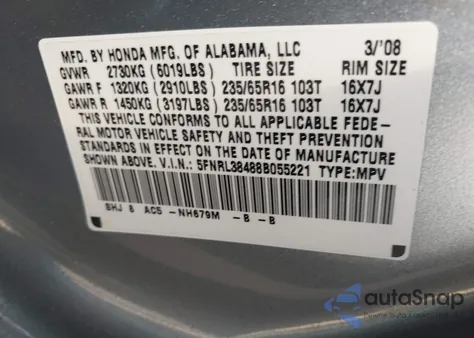2008 Honda Odyssey Ex from USA, damaged, VIN 5FNRL38488B055221